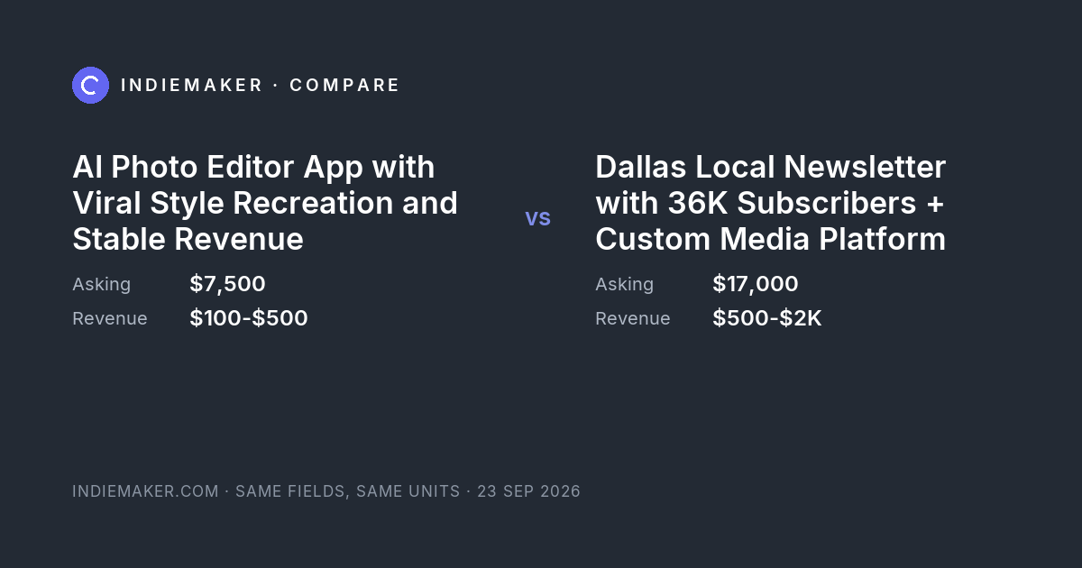 The comparison card: AI Photo Editor App with Viral Style Recreation and Stable Revenue against Dallas Local Newsletter with 36K Subscribers + Custom Media Platform