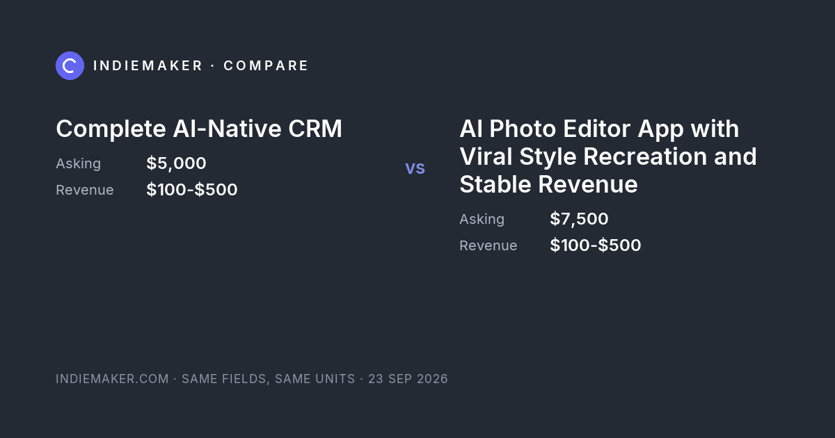The comparison card: Complete AI-Native CRM against AI Photo Editor App with Viral Style Recreation and Stable Revenue
