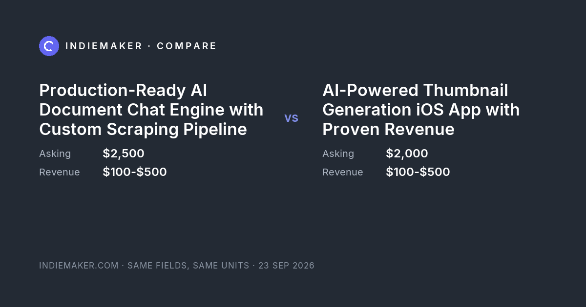 The comparison card: Production-Ready AI Document Chat Engine with Custom Scraping Pipeline against AI-Powered Thumbnail Generation iOS App with Proven Revenue